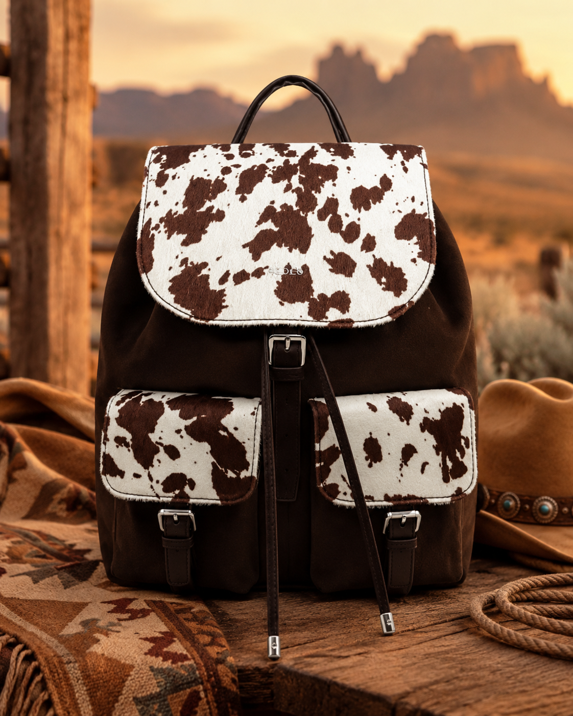 Brown cow print backpack handbag with front flap, twin buckled pockets and adjustable straps