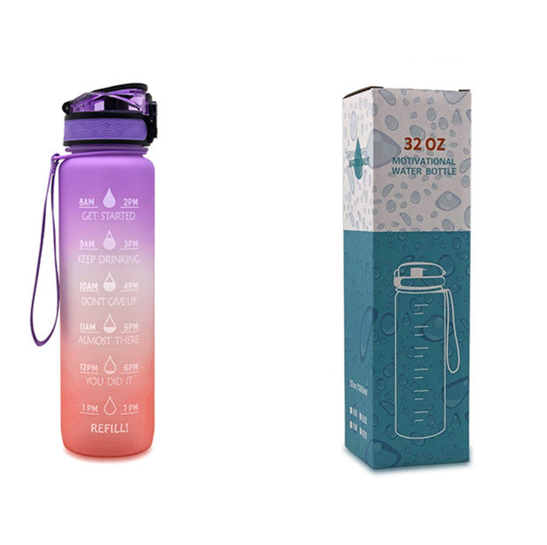 1L motivational time-marker water bottle with bounce cover, purple-to-orange gradient, carry loop
