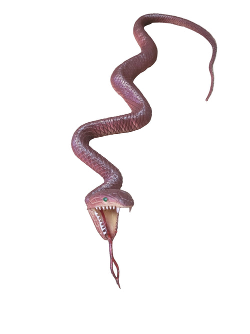 Brown rubber snake with open mouth, long body, and sharp teeth