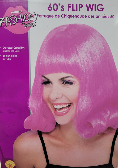 Pink 60s flip wig with side bangs and voluminous shoulder-length layers