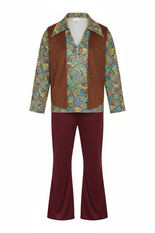 Plus-size costume set: paisley teal button-up shirt, brown vest, maroon flared pants