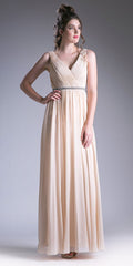 Ruched V-neck A-line chiffon dress, sleeveless, champagne, gathered waist, A-line skirt