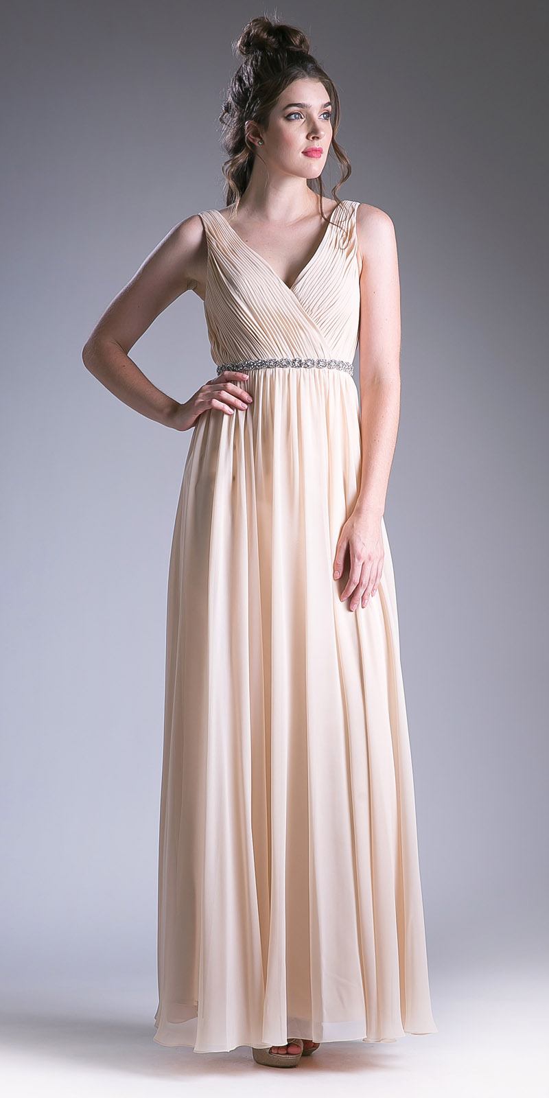 Ruched V-neck A-line chiffon dress, sleeveless, champagne, gathered waist, A-line skirt