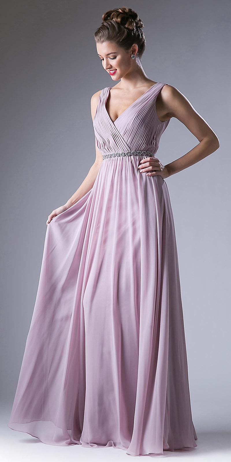 Ruched V-neck A-line chiffon dress, sleeveless, pastel lilac, gathered waist, flowing skirt