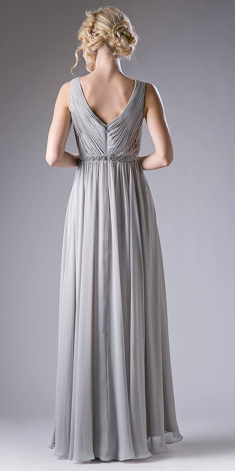 Ruched V-neck A-line chiffon dress, sleeveless, silver-gray, V-back with gathered waist