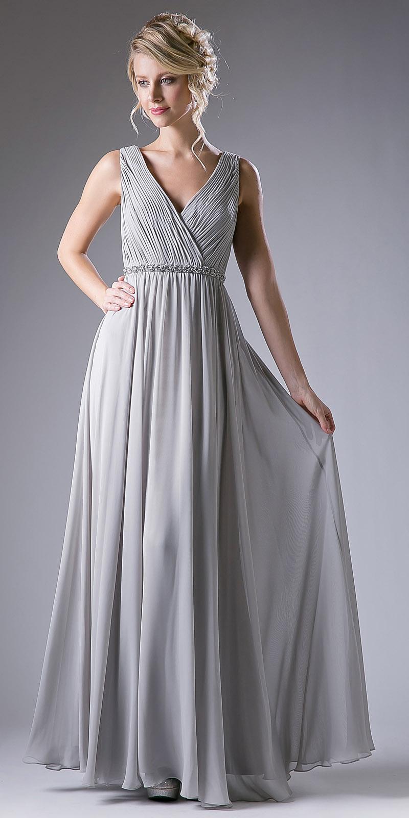 Ruched V-neck A-line chiffon dress, sleeveless, silver-gray, gathered waist, flowing skirt