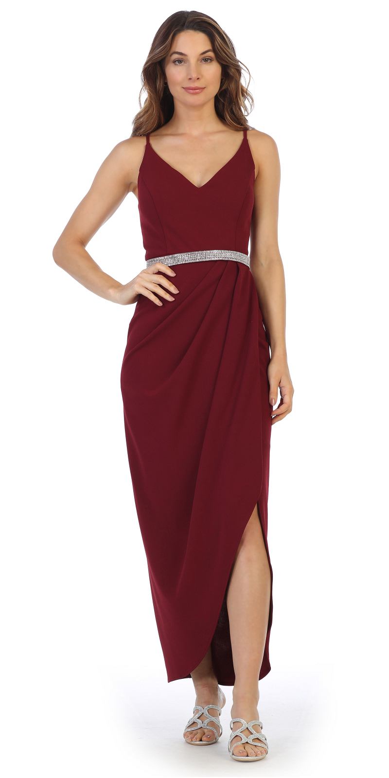 Burgundy long formal dress with spaghetti straps, faux-wrap bodice, belted waist and slit