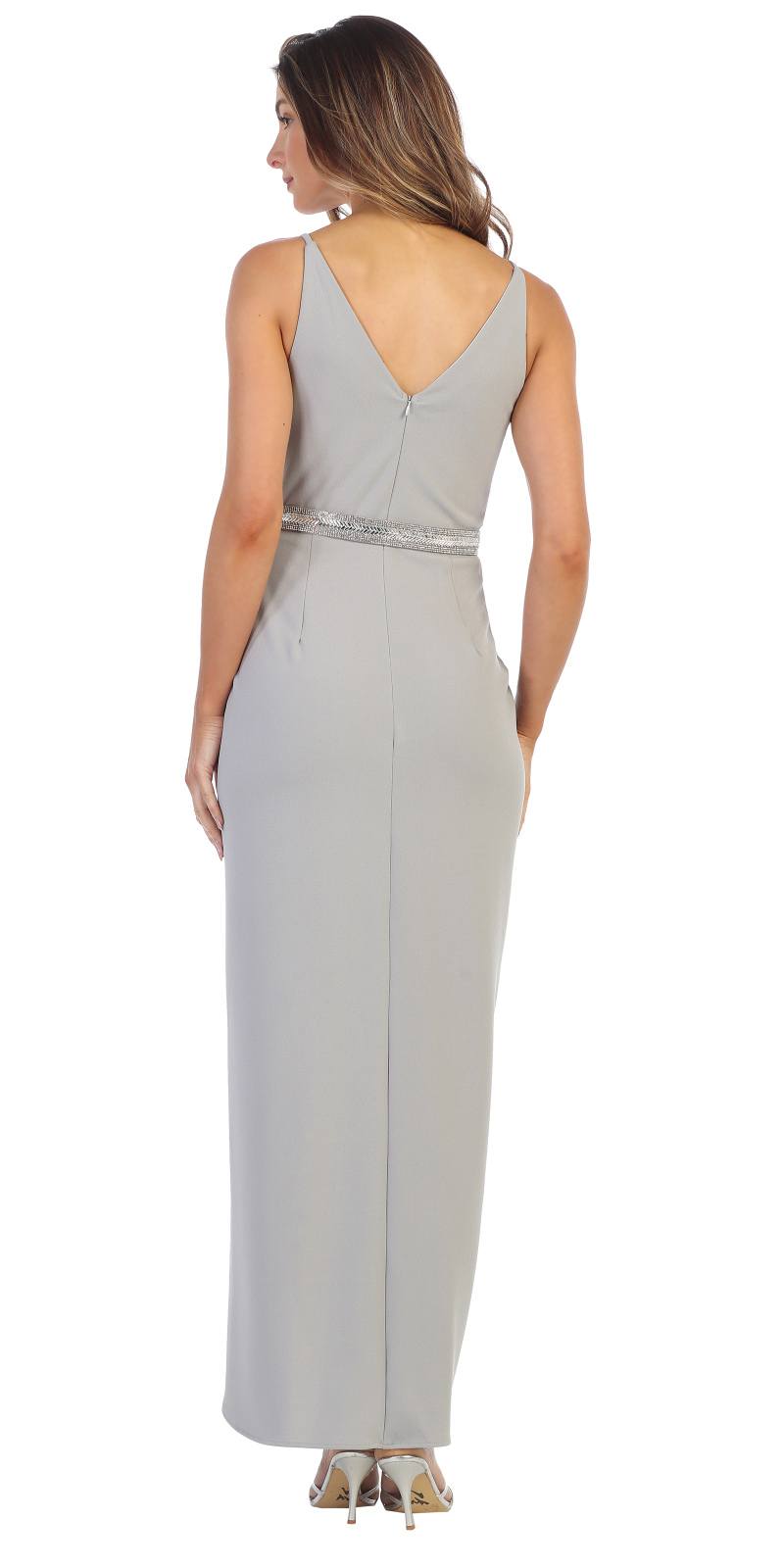 Light gray long formal dress with open back spaghetti straps and rhinestone belt