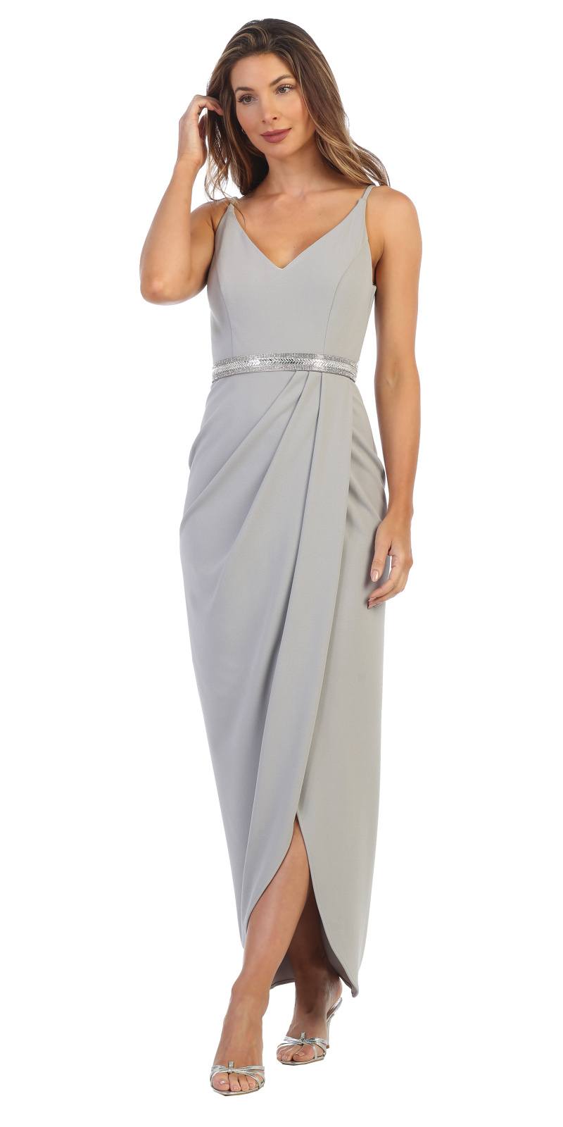 Light gray long formal dress with V neck spaghetti straps, faux-wrap drape and side slit