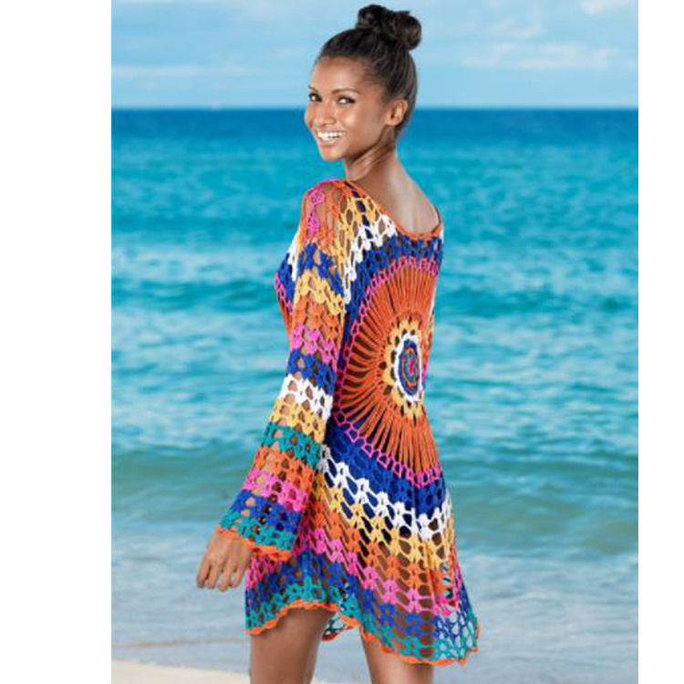 Crocheted Hollow Out Cutout Blouse Beach Knitted Blouse Long Sleeve Vacation Clothes Bikini Rainbow Sun Protection Clothing Crochet hook