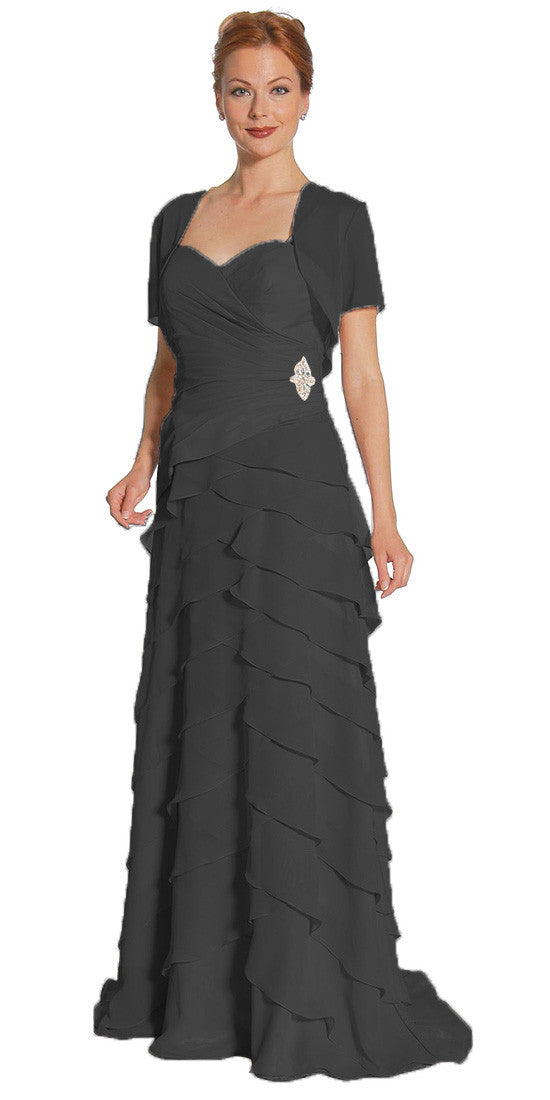 Black formal chiffon dress with layered ruffle hem and short sleeves
