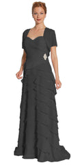 Black formal chiffon dress with layered ruffle hem and short sleeves