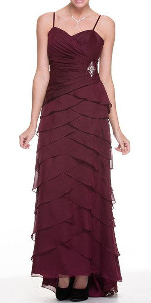 Burgundy formal chiffon dress with spaghetti straps and layered ruffle hem