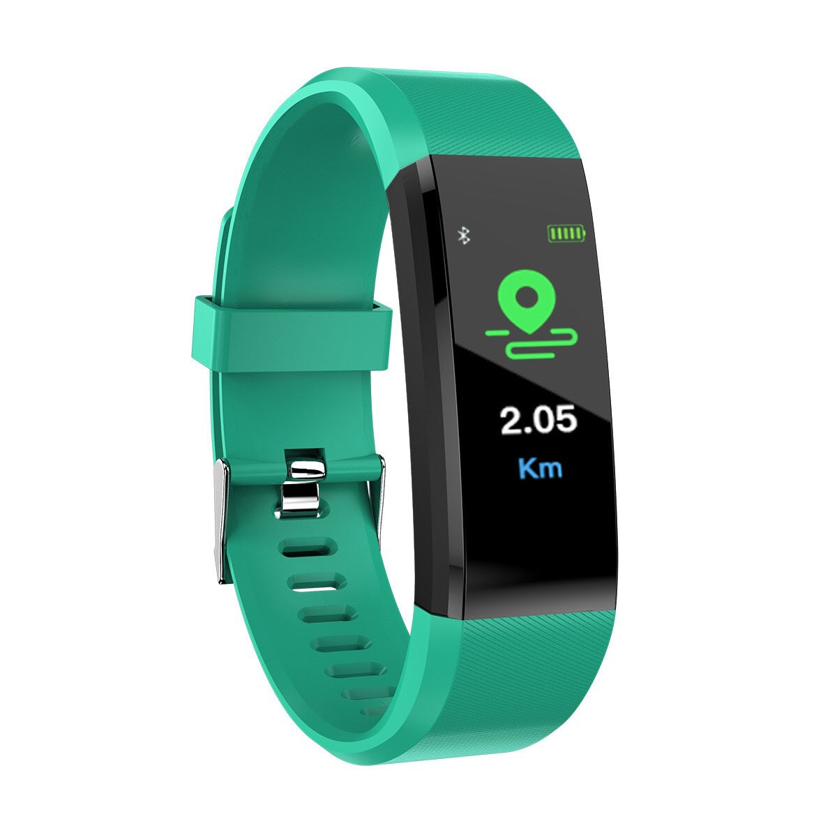 Green fitness tracker with activity display on the touchscreen