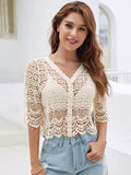 Women Summer Vacation Short Sleeve Solid Crochet Top Crochet hook