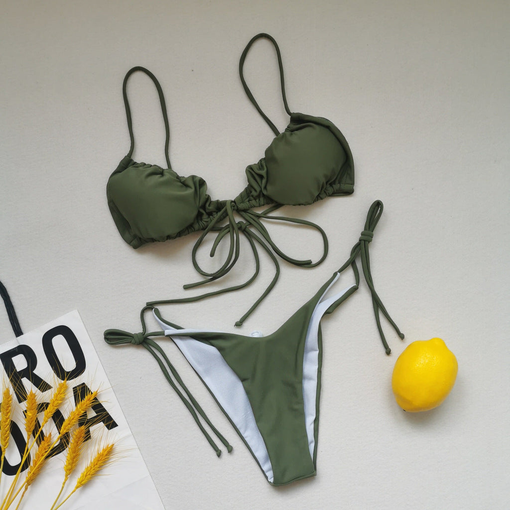 Sling Bandage Swimsuit Women Pleated Push up Drawstring Sexy Solid Color Bikini Swimsuit