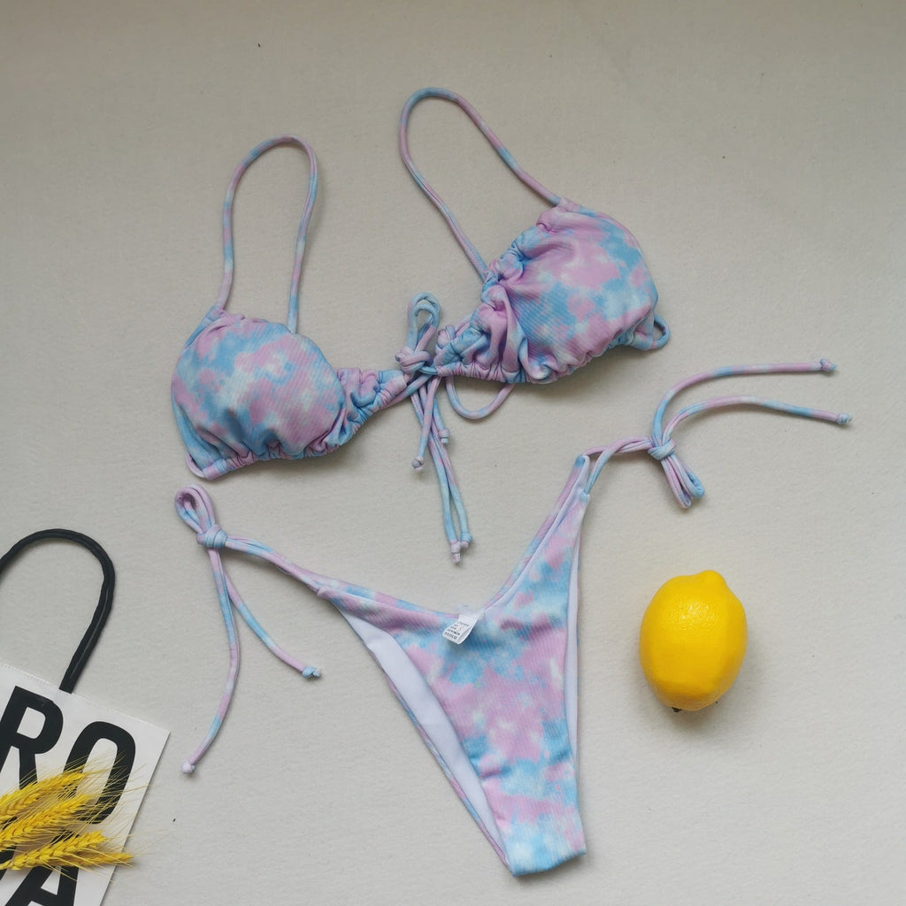 Sling Bandage Swimsuit Women Pleated Push up Drawstring Sexy Solid Color Bikini Swimsuit