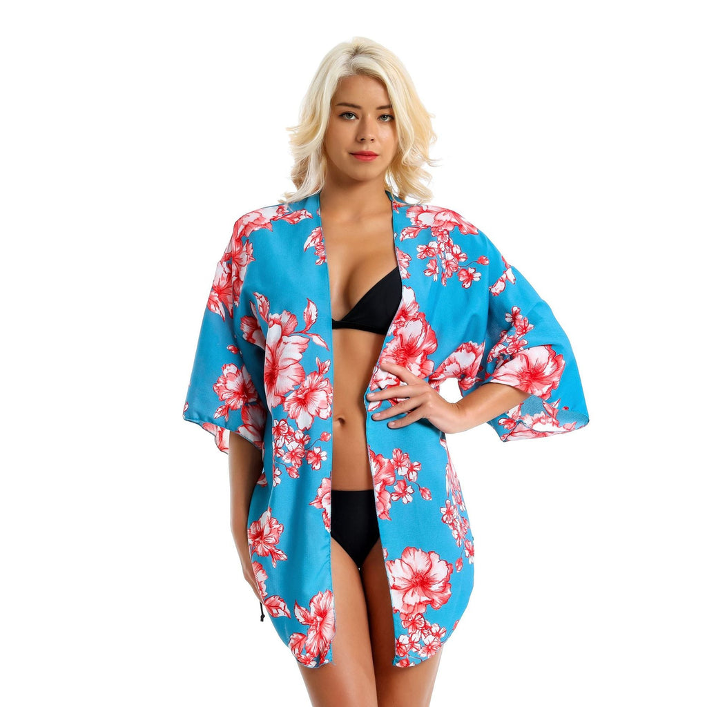 Exclusive for Chiffon Red Printed Short Beach Sun Protection Blouse Swimwear Cover up