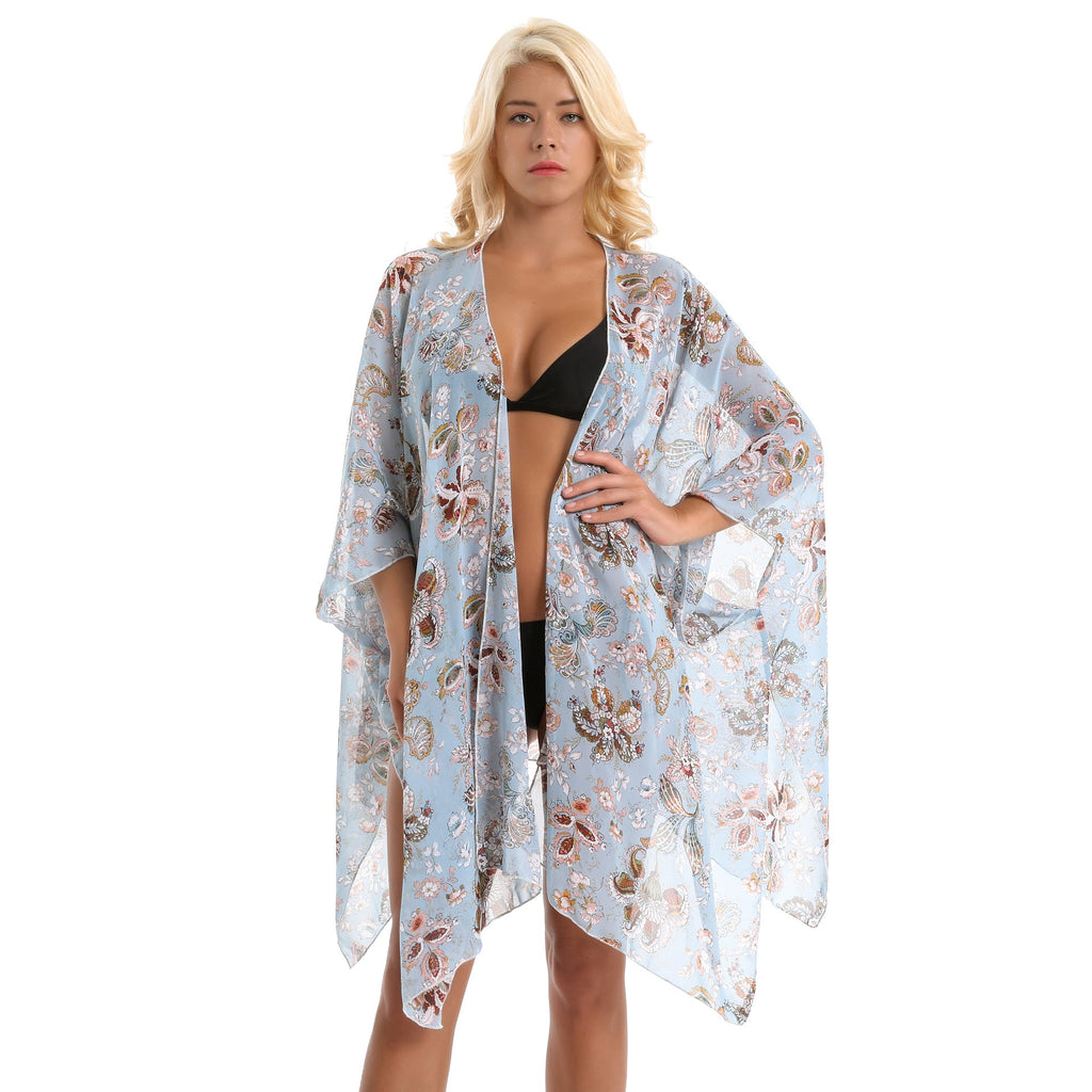 Retro Ethnic Print Elegant Socialite Beach Sun Protection Blouse Swimwear Cover up