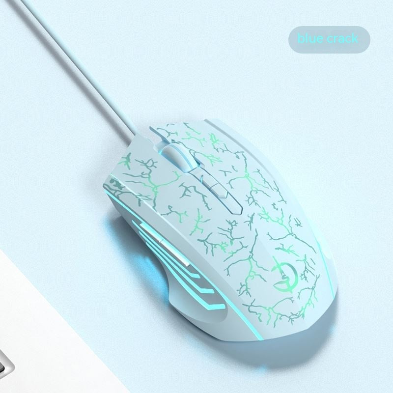 Light blue wired gaming mouse with green crack pattern, teal LED stripes, connected cable
