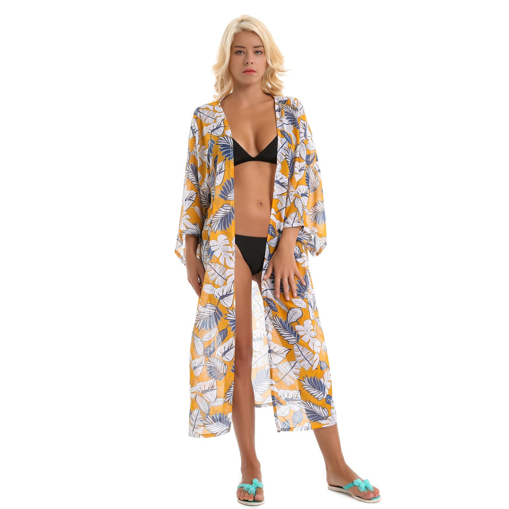 Spring, Summer Autumn Tropical Japanese Banana Leaf Palm Leaf Chiffon Lightweight Swimwear Cover up Sun Protective Blouse