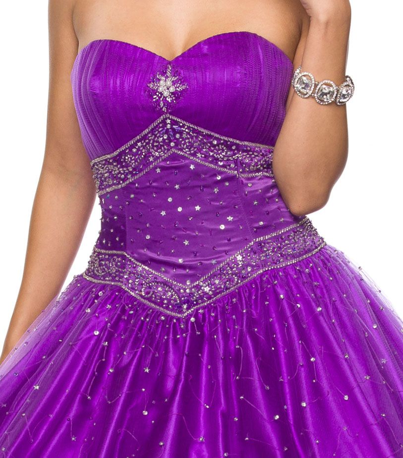 Purple sweetheart bodice with rhinestone beading and glitter star accents
