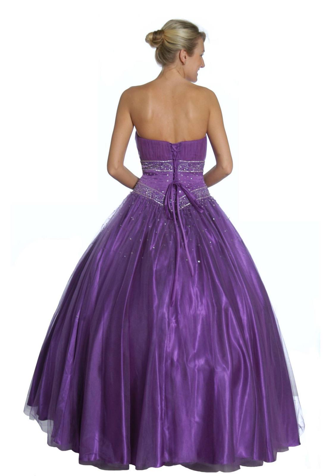 Purple back view princess ball gown with beaded corset bodice and lace-up back