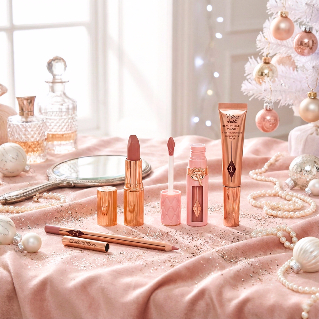 Rose-toned lip and cheek makeup set with tubes, lipsticks, and applicator pens