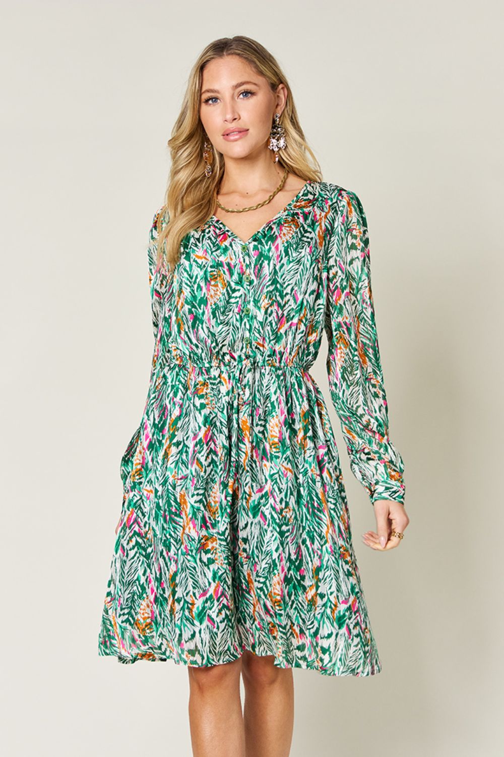 Printed Long Sleeve Drawstring Dress