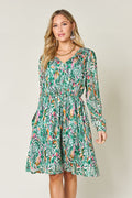 Printed Long Sleeve Drawstring Dress
