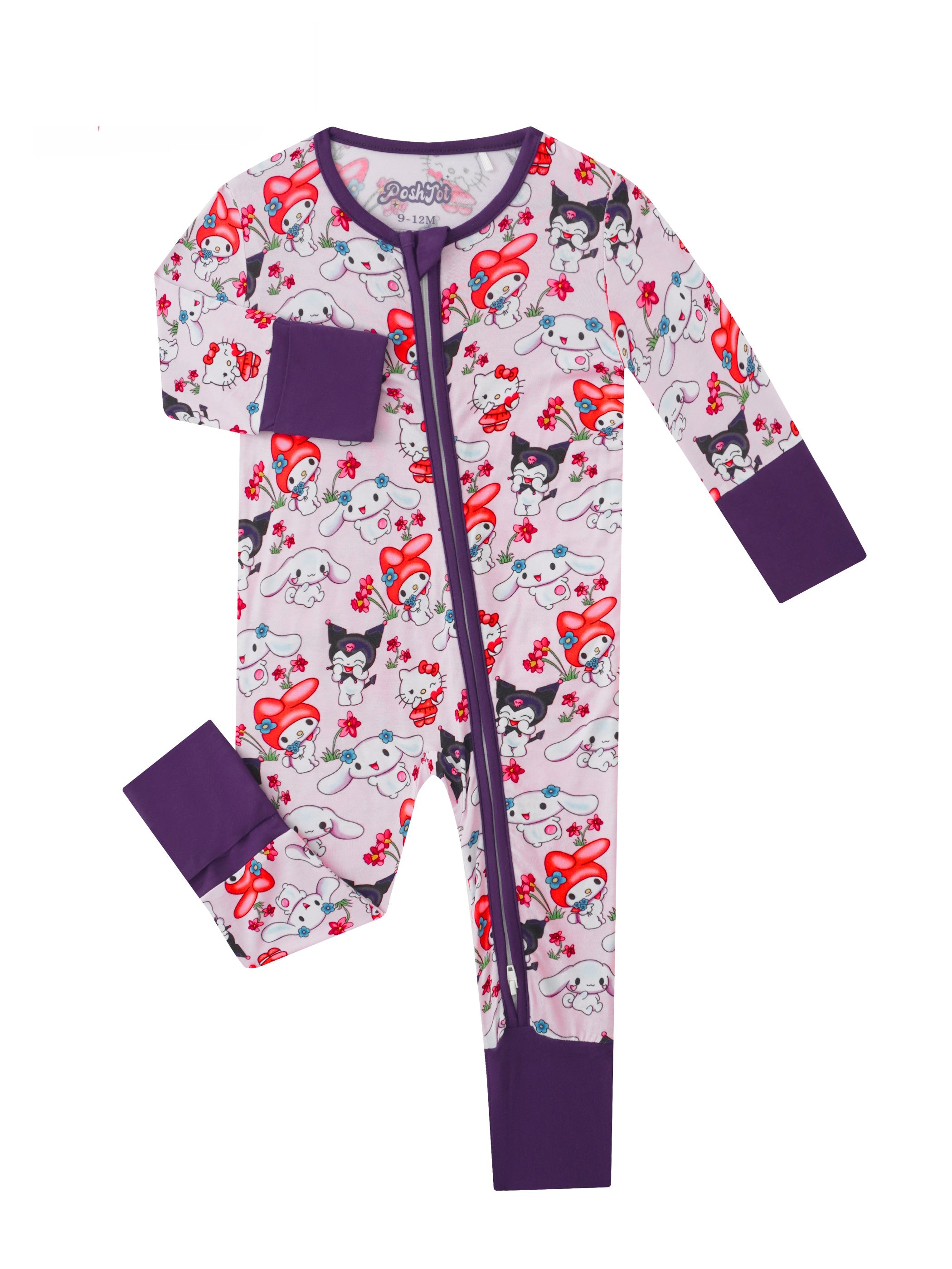 Baby zippy romper front view with red/white character print and purple footed cuffs