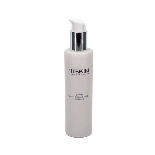 111SKIN Cryo energising body serum bottle with silver pump, opaque white
