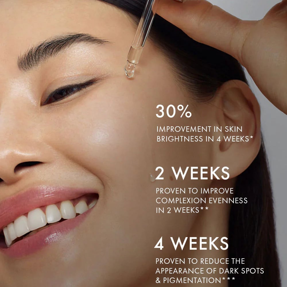 Vitamin C brightening booster close-up with dropper, on-screen 30% and 2–4 weeks text