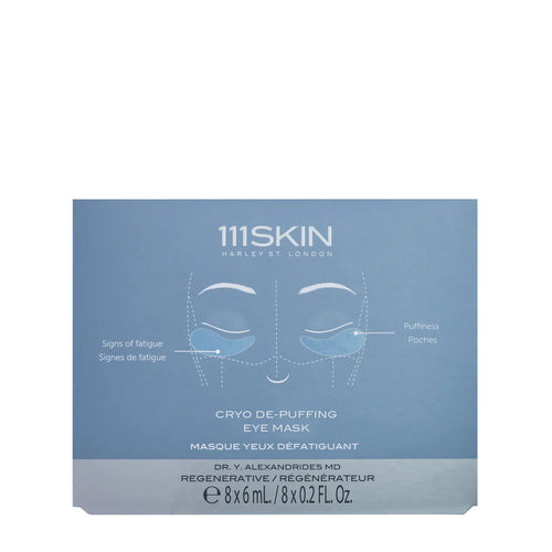 111SKIN Cryo De-Puffing eye mask box, blue front with icons and 8×6 ml label