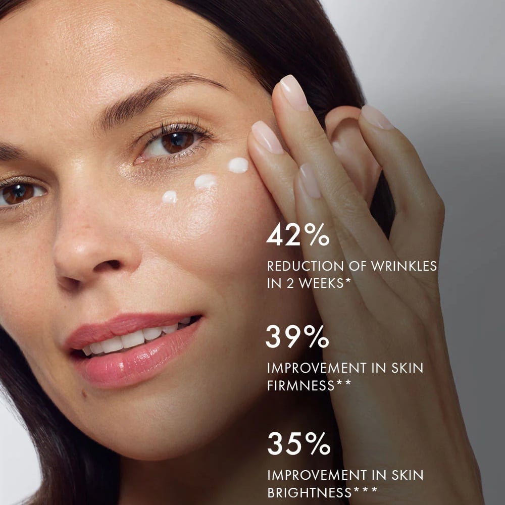 Woman with white eye cream dots under her eyes, holding a skincare bottle
