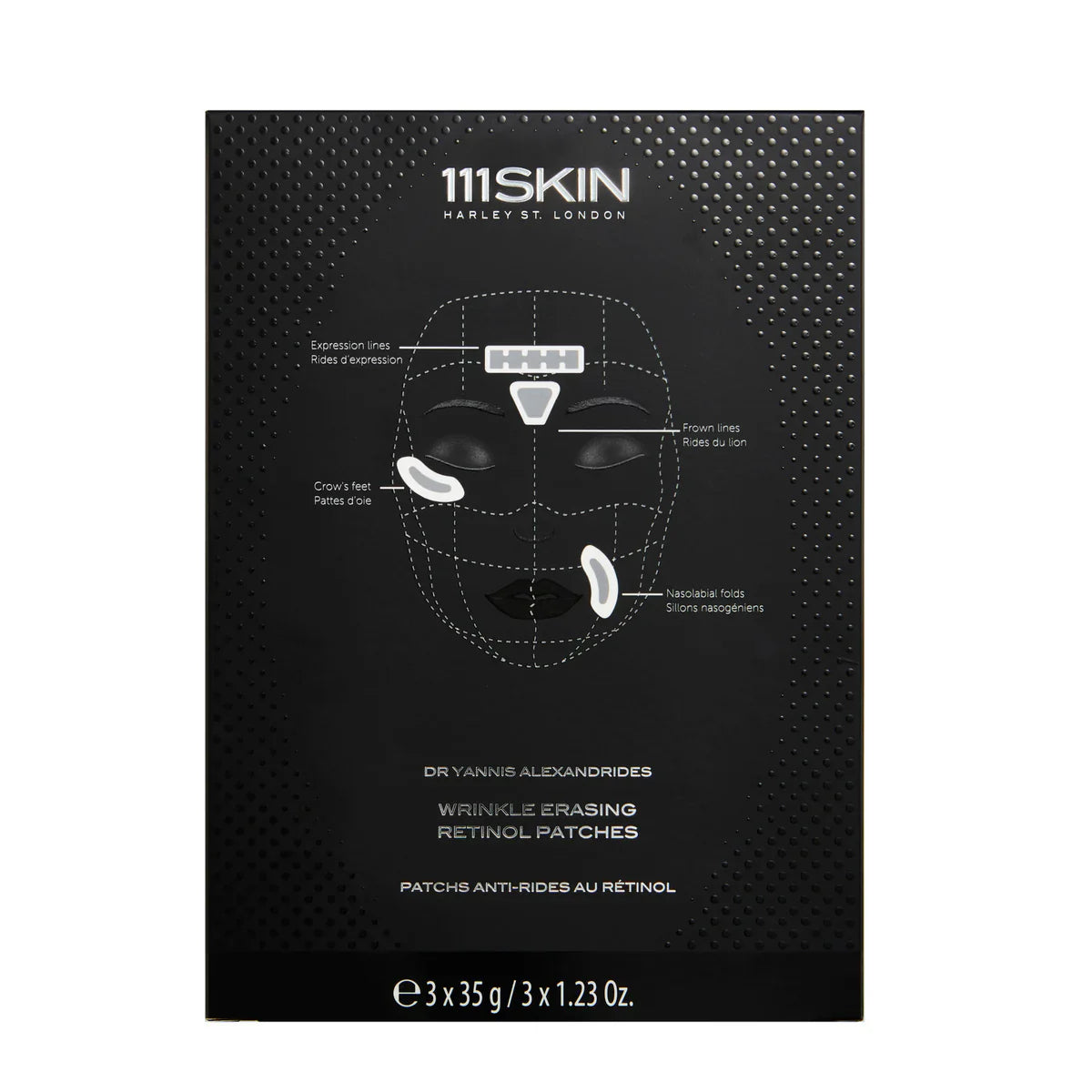 Wrinkle erasing retinol patches box with 111SKIN logo and facial patch diagram