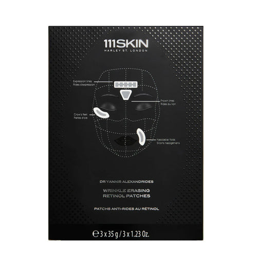 Wrinkle erasing retinol patches box with 111SKIN logo and facial patch diagram