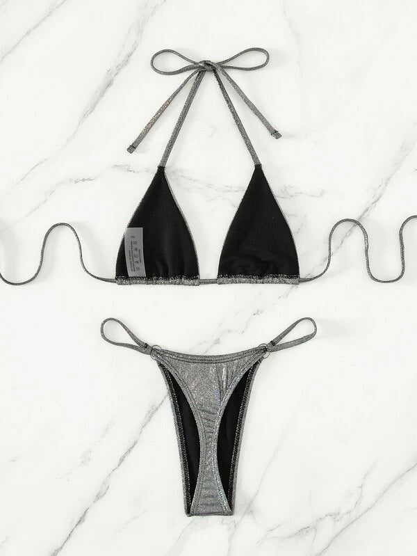 Sexy Three Piece Bikini Silver Thin Glittering Special Fabric Lace up Women Swimsuit