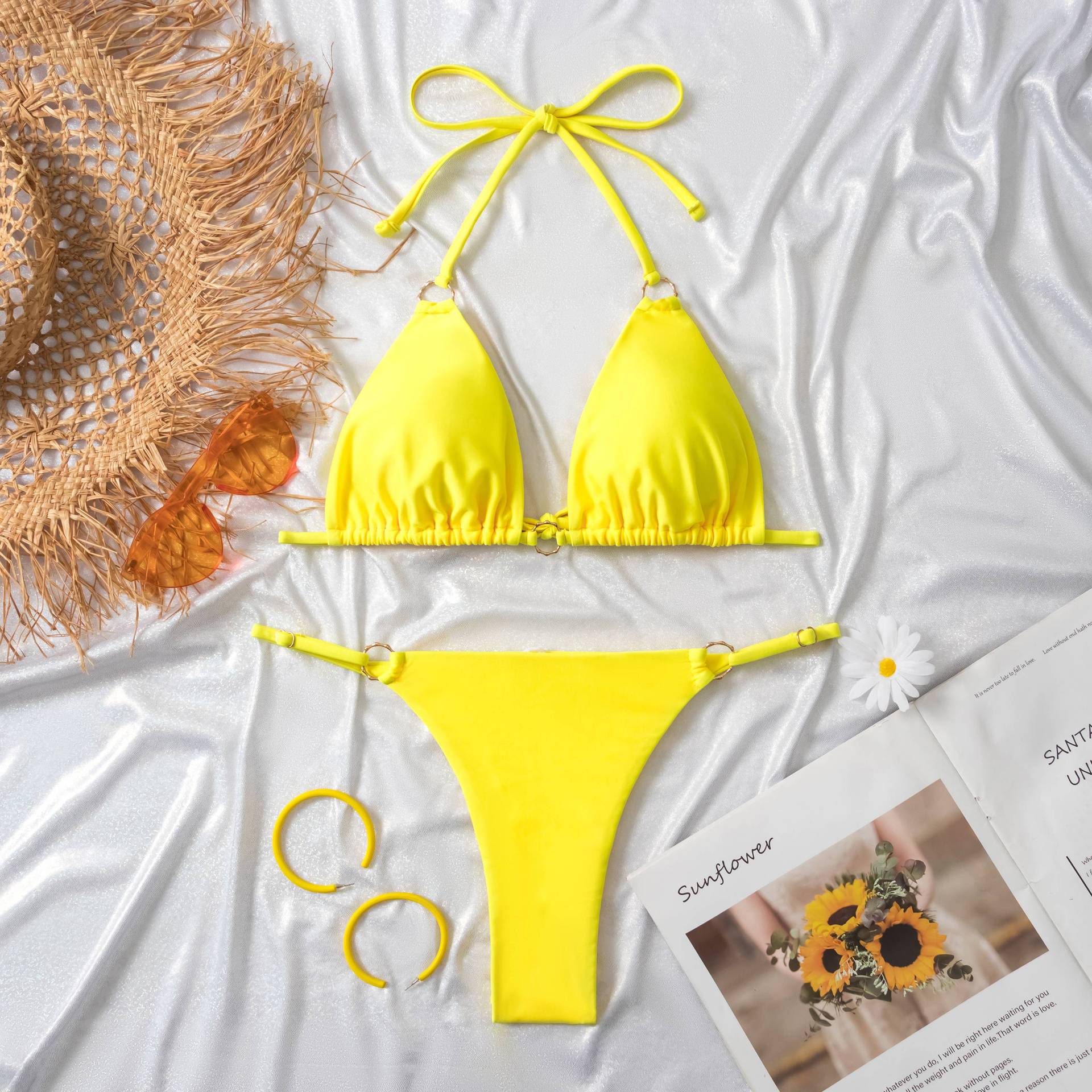 Clothing Swimsuit Women Sexy Bikini Briefs Nylon Glossy Fabric Split Swimsuit