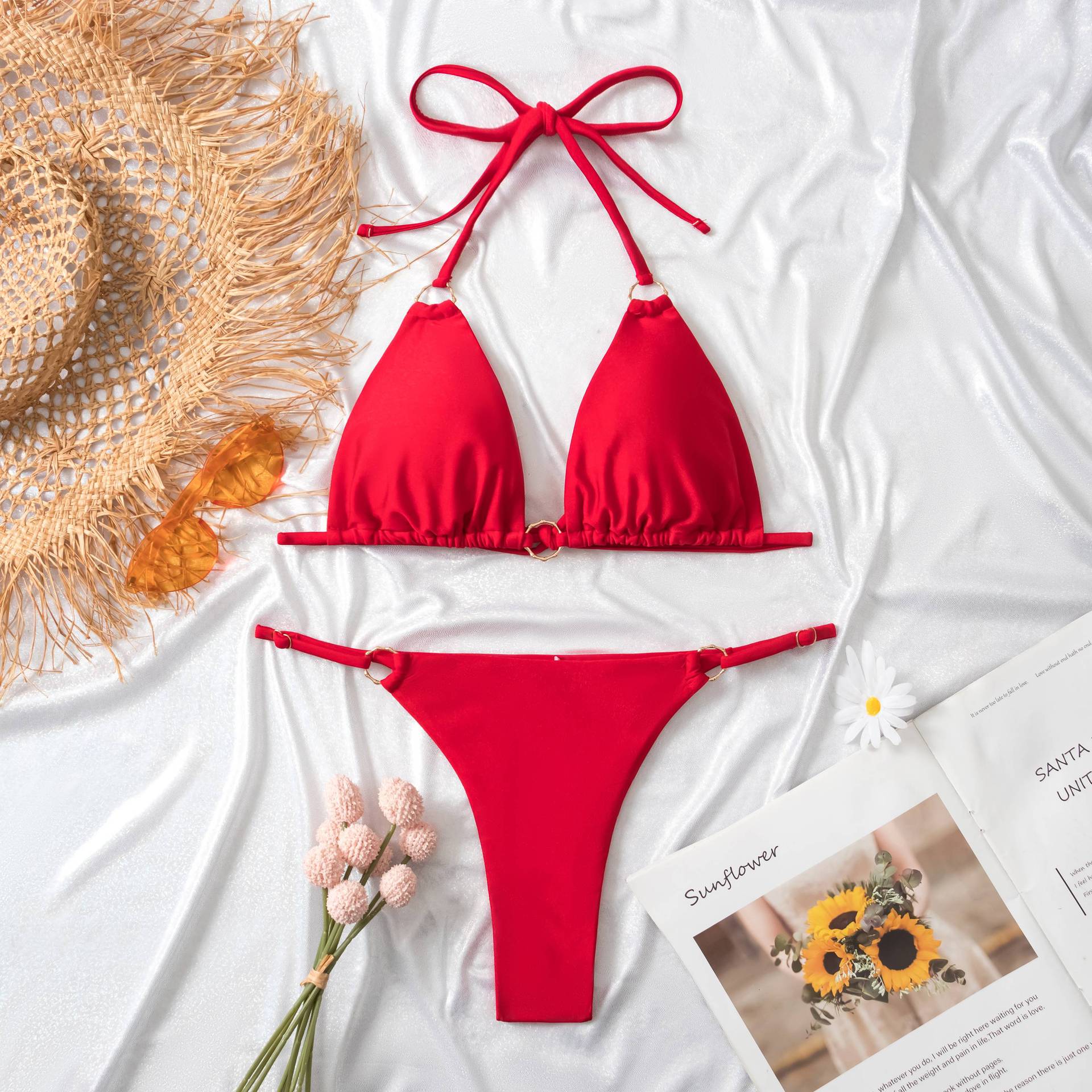 Clothing Swimsuit Women Sexy Bikini Briefs Nylon Glossy Fabric Split Swimsuit