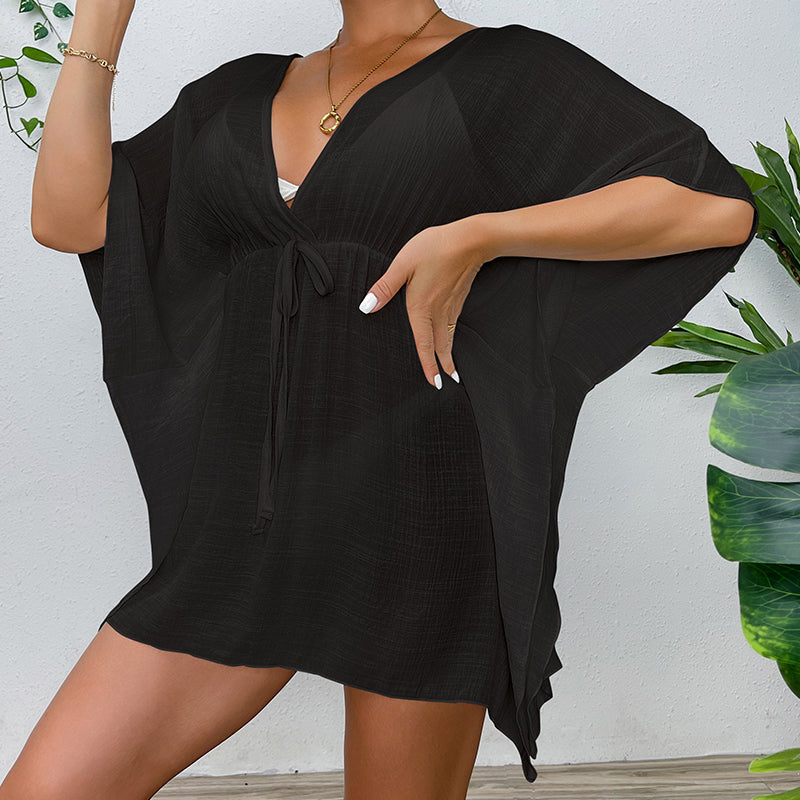 Black beach cover-up shirt with V-neck, drawstring tie waist, loose drop-shoulder sleeves