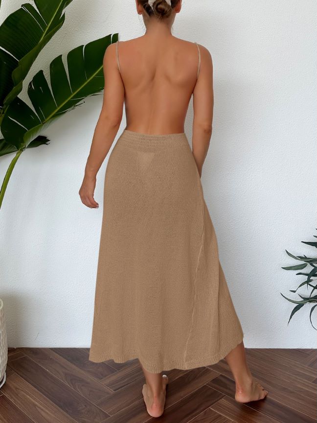 Women Knitted Halterneck with Suspenders Sexy Cutout Side High Slit Tassel Dress Beach Maxi Dress Crochet hook