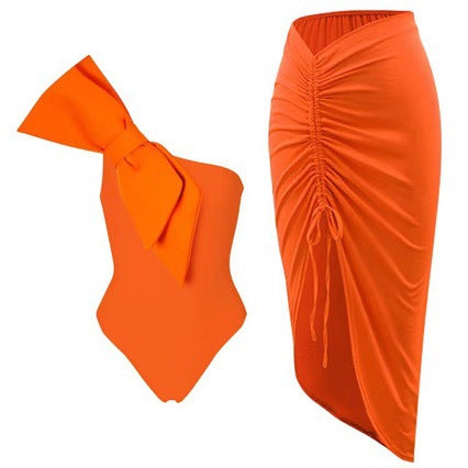 French Swimsuit Solid Color Pleating Oblique Shoulder Bow Two Piece Swimsuit Women