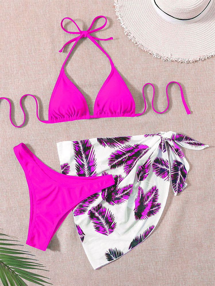Printed Halter Lace up Bikini Three Piece High Waist Mesh Split Swimsuit