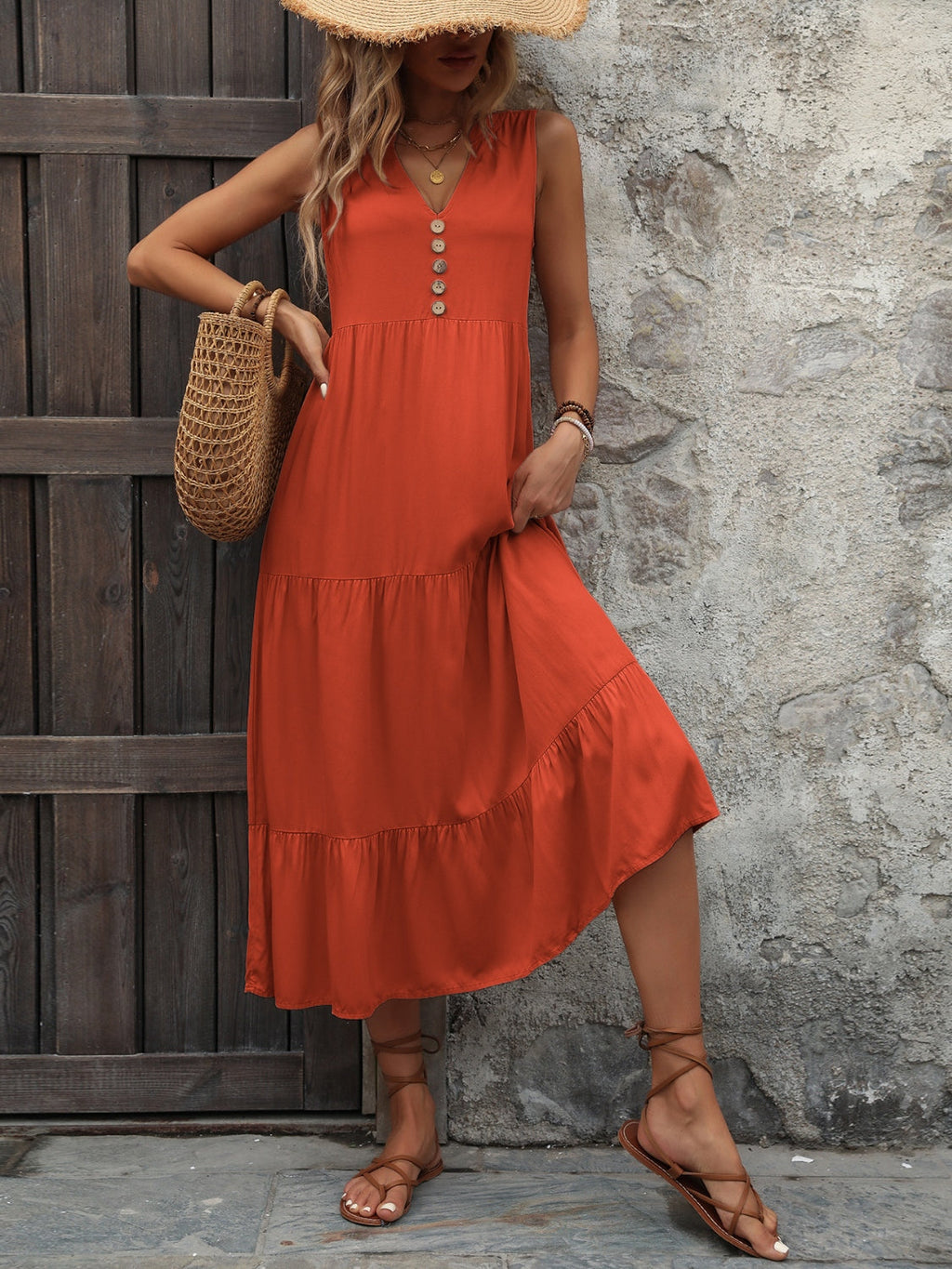 Cotton Sleeveless Dress with Decorative Buttons