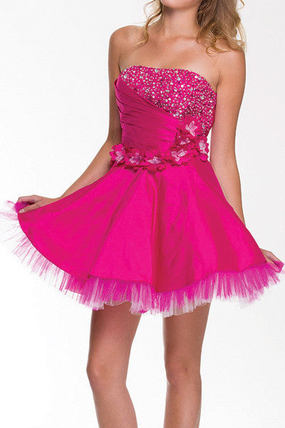 Fuchsia strapless A-line dress with sequin bodice, rosette detail and tulle hem