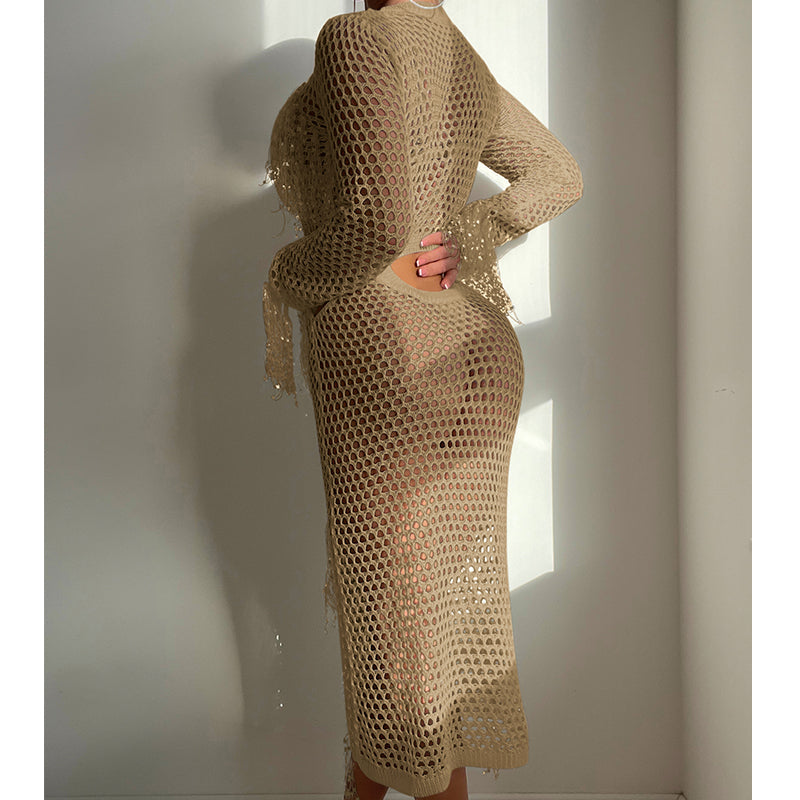 Khaki open-knit sequin midi dress with long sleeves, round neck, waist cutout, tassel trim