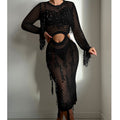 Sequin mesh knit cutout dress with long sleeves, round neck, tassel fringe—black