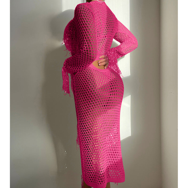 Sequin mesh knit cutout dress with long sleeves, round neck, tassel fringe—magenta