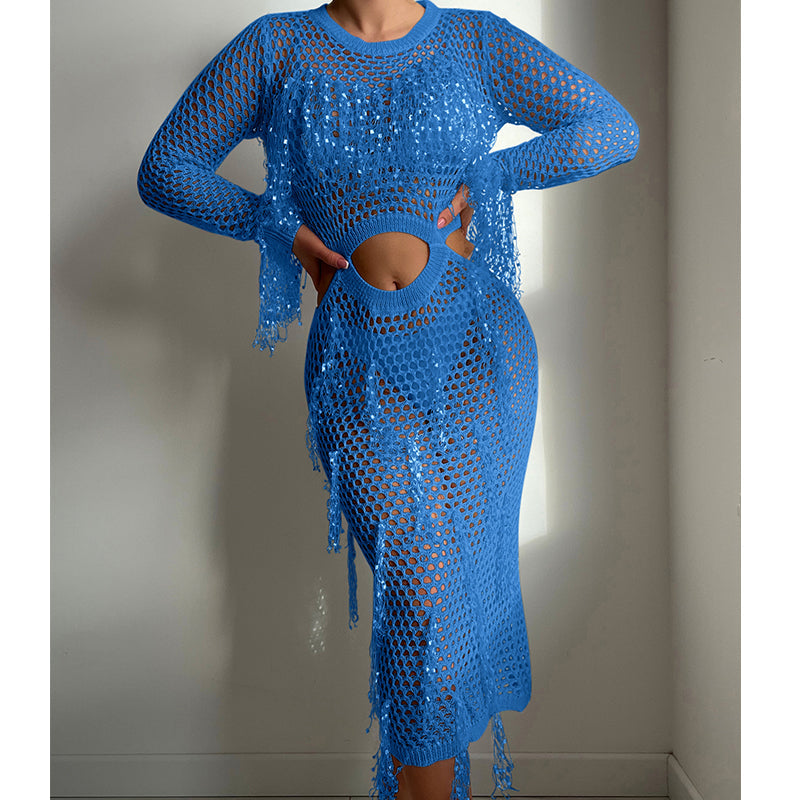 Sequin mesh knit cutout dress with long sleeves, round neck, tassel fringe—blue